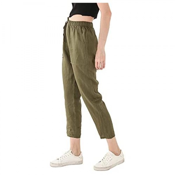 Amazhiyu Womens 100% Linen Drawstring Cropped Pants Elastic Waist with Pockets for Summer Casual