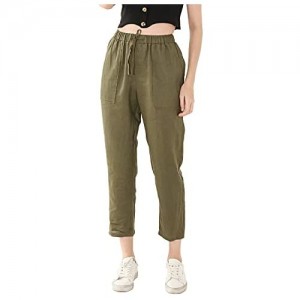 Amazhiyu Womens 100% Linen Drawstring Cropped Pants Elastic Waist with Pockets for Summer Casual
