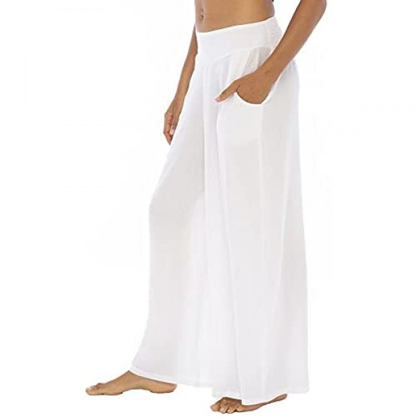 Back From Bali Womens Boho Palazzo Pants Flowy Wide Leg Hippie Beach Pants with Side Pockets and Smocked Waist