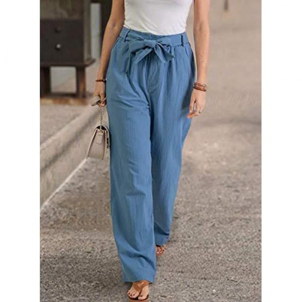 BLENCOT Womens Casual Wide Leg Pants Drawstring Tie Elastic Waist Palazzo Long Trousers with Pockets