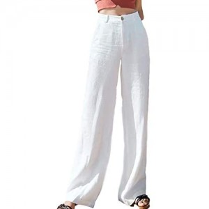 Hooever Womens Casual Loose High Waist Cotton Linen Straight Leg Pants Lounge Pants