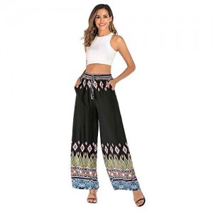 Love Welove Fashion Women's Summer Wide Leg Elastic High Waist Printed Boho Hippie Palazzo Pants Plus Size