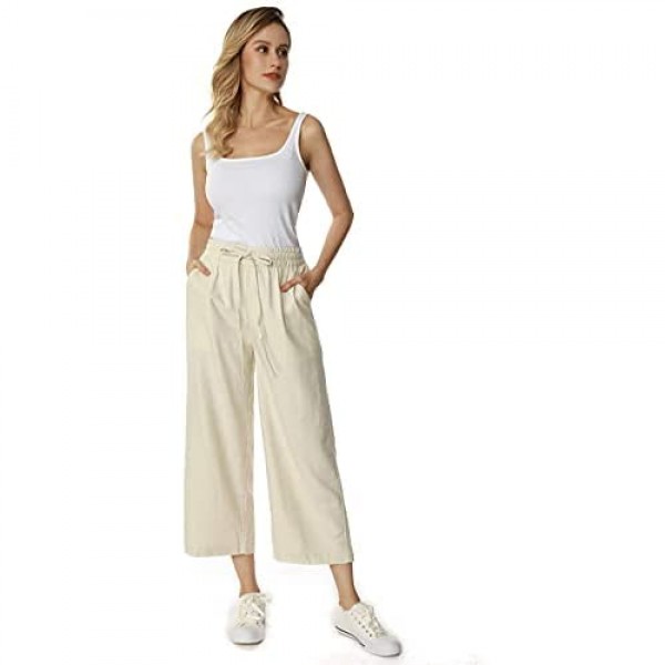 MOCOTONO Women's Linen Drawstring Elastic Waist Cropped Pants