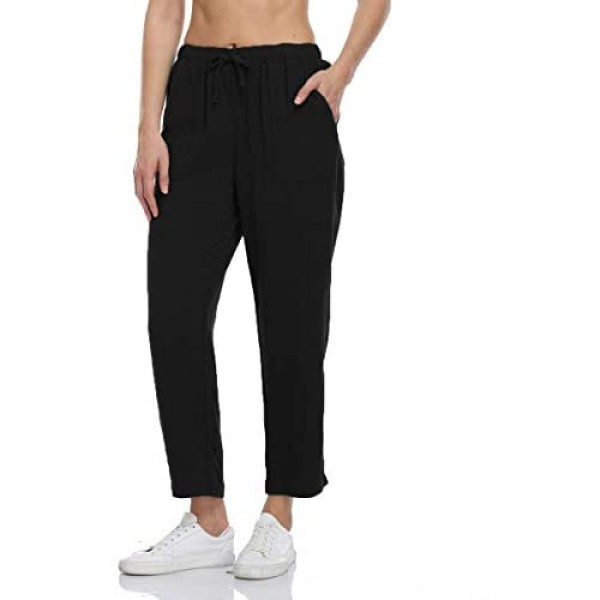 PEIQI Women's Crop Linen Pants Loose Fit Drawstring Elastic Waist Cropped Lounge Pants