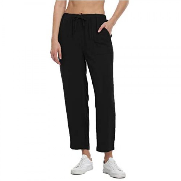 PEIQI Women's Crop Linen Pants Loose Fit Drawstring Elastic Waist Cropped Lounge Pants