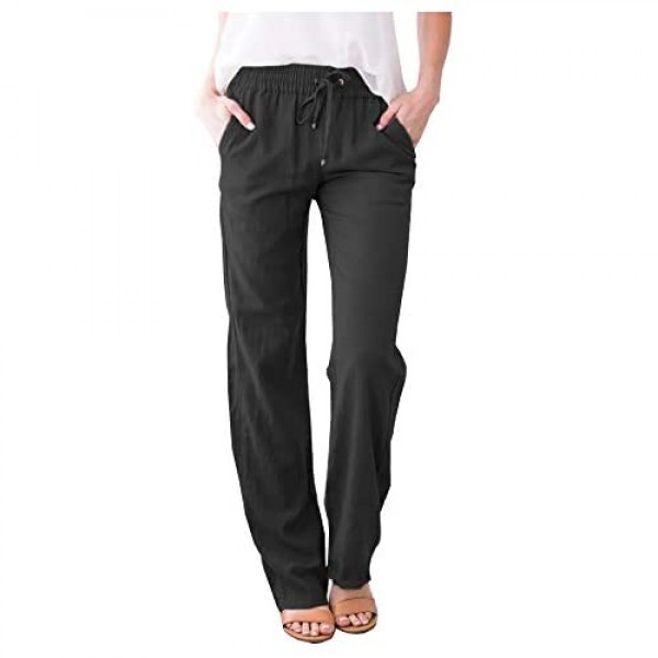 SCOFEEL Women's Cotton Linen Pants Drawstring Elastic Waist Side Pockets high Rise Casual Loose Trousers Pants