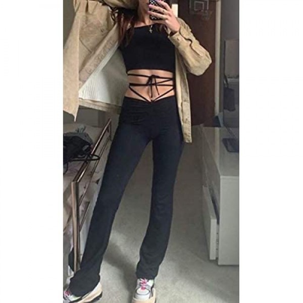 Women 's Casual Drawstring Pants High Waist Ruched Bandage Sweatpants Solid Color Elastic Trousers Sexy Streetwear
