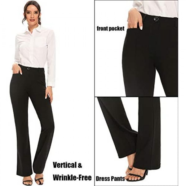 Women Stretch Dress Pant Black High Waist Bootcut Flare Pants with Fake Pocket