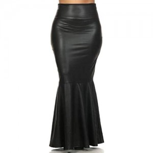 917 - Plus Size Faux Leather Pleated High Waist Maxi Mermaid Skirt
