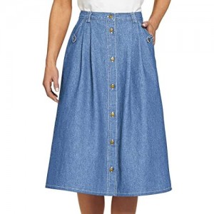 AmeriMark Women's Denim Button-Front Skirt – Cotton Midi Skirt w/Elastic Waist Light Denim 20
