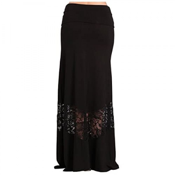 HEYHUN Womens Casual Tie Dye Solid Boho Hippie Long Maxi Skirt w Lace Detail S-3XL