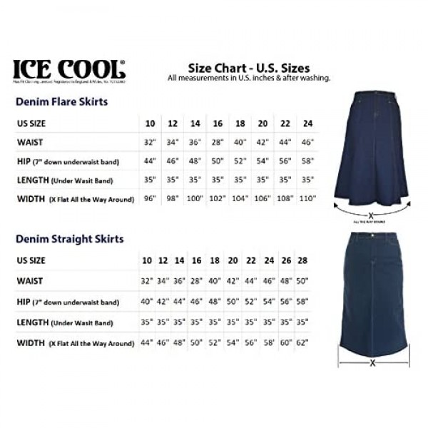Ice Cool Ladies Long Flared Black Stretch Denim Skirt - Sizes 4 to 26 in 30 & 35
