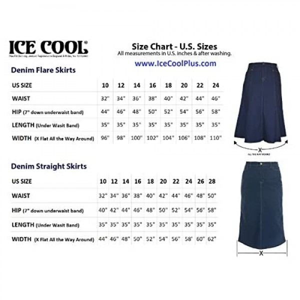 Ice Cool Ladies Long Flared Indigo Stretch Denim Skirt - Sizes 4 to 22. in 30 and 35 Length