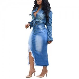 LKOUS Womens Casual Distressed Ripped Denim Jean Midi High Waisted Pencil Skirt Plus Size