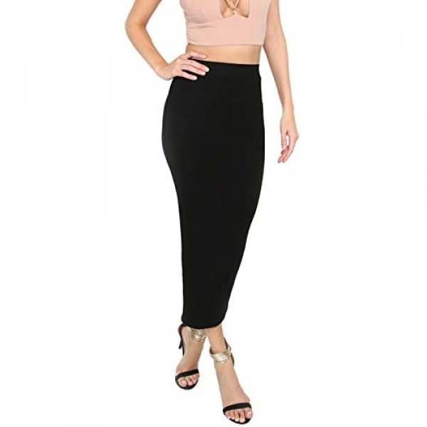 MakeMeChic Women's Solid Basic Below Knee Stretchy Pencil Skirt