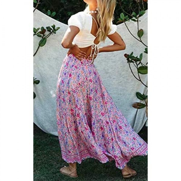 R.Vivimos Womens Summer Cotton Vintage Floral Print Boho Casual Ruffled Flowy Midi Skirt