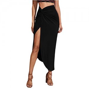 SheIn Women's Sexy Twist Side Asymmetrical Hem Split Thigh Solid Long Skirt