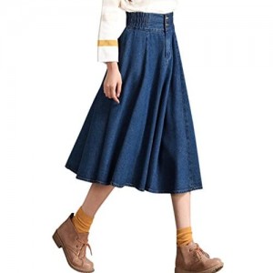 Tanming Women's Casual Vintage Elastic Waist Flared Pleated Midi Denim Jean Skirt