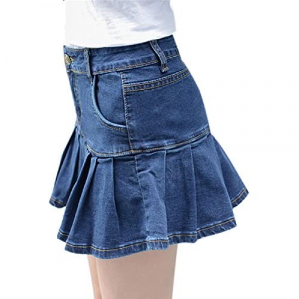 Yeokou Women's Casual Slim A-line Pleated Ruffle Short Mini Denim Skirts