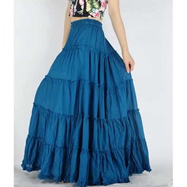 YSJERA Women's Cotton 5 Tiered A Line Pleated Maxi Skirt Long Boho Gypsy Dance Skirts