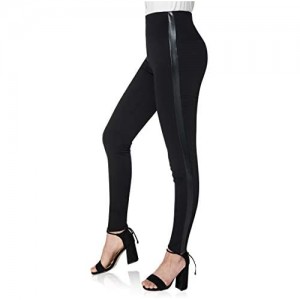 Asoran Women's Dress Pants Black Tuxedo Work Pants Stretch Skinny Slacks with Leather Stripe for Casual Business Office