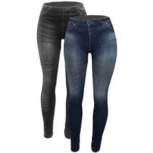 CLOYA Women's Denim Print Fake Jeans Seamless Fleece Lined Leggings  Full Length