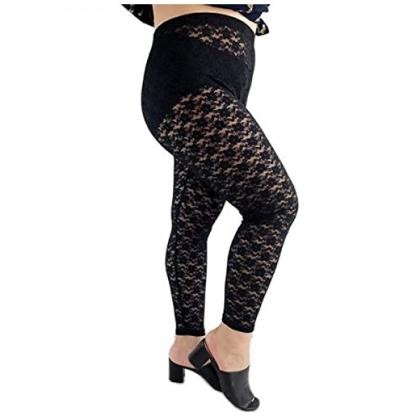 CURRMIEGO Women's Plus Size Stretchy Lace Pattern Capris Leggings Tights