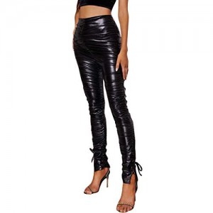 MakeMeChic Women's PU Leather Ruched Knot Side Zip Back High Waist Skinny Pants