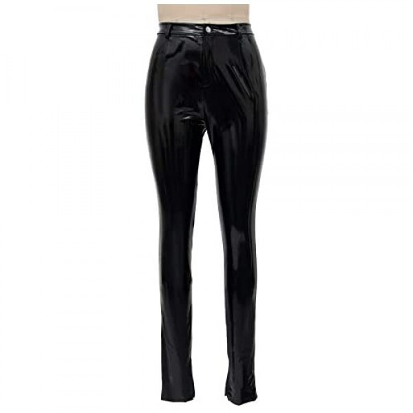 MorwenVeo Faux Leather Leggings for Women Stretch High Waisted Latex Pants Slit Hem Tights Trousers