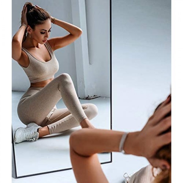 SweatyShark Women's Workout Outfit Set Active 2 Pieces Seamless Yoga Leggings with Paded Stretch Sports Bra Top