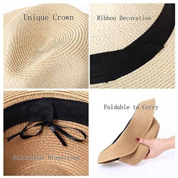 2-Pack Beach Hats for Women Summer Straw Sun Hat Wide Brim Panama Hats Roll Up