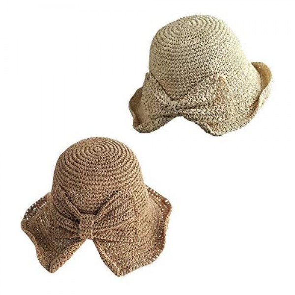 2 Pack Foldable Wide Brim Floppy Straw Sun Hat Summer Beach Hat for Women Girl