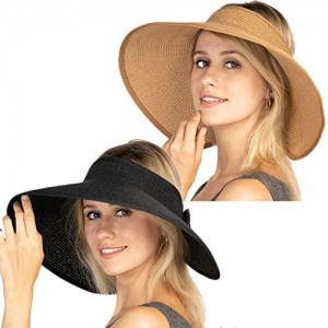 2 PCS Women Sun Visor Hats Beach - Foldable Roll Up Wide Brim Bowknot Summer Straw Hat Cap Cruise wear for Womens