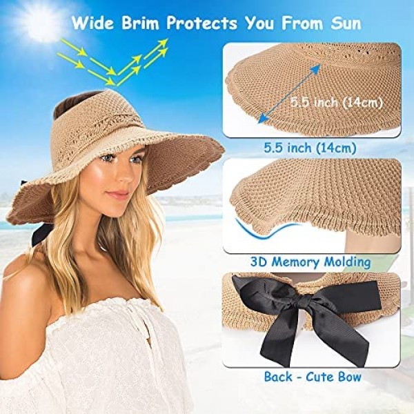 3pcs Foldable Wide Brim Straw Hats Sun Visors for Women Bow Beach Hat Summer