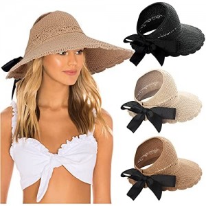 3pcs Foldable Wide Brim Straw Hats Sun Visors for Women  Bow Beach Hat Summer
