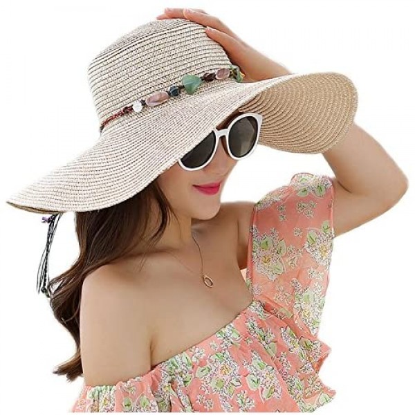 Adrinfly Women Floppy Sun Hat Travel Packable Wide Brim Adjustable Beach Straw Accessories Hat UPF 50+