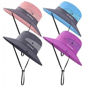 Cooraby 4 Pack Women Summer Sun Hat Ponytail Hole Cap Wide Brim Hat Beach Cap for Hiking and Fishing