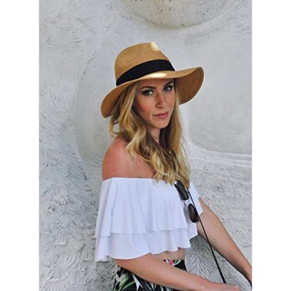 DRESHOW Women Straw Panama Hat Fedora Beach Sun Hat Wide Brim Straw Roll up Hat UPF 30+