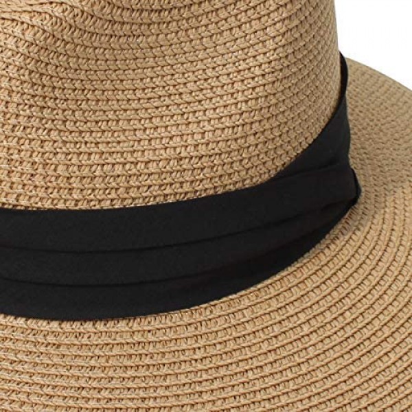 DRESHOW Women Straw Panama Hat Fedora Beach Sun Hat Wide Brim Straw Roll up Hat UPF 30+