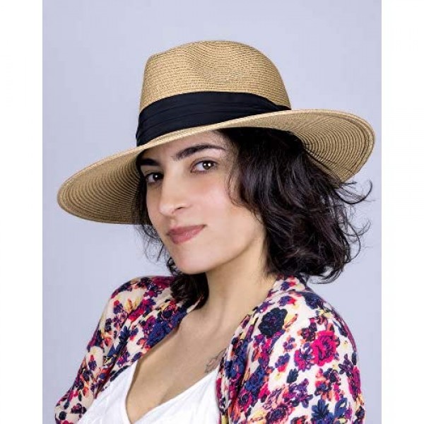 FURTALK Panama Hat Sun Hats for Women Men Wide Brim Fedora Straw Beach Hat UV UPF 50