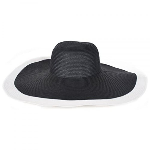 HISSHE Noble Straw Wide Brim Hat Floppy Beach Sunhat with White Brim