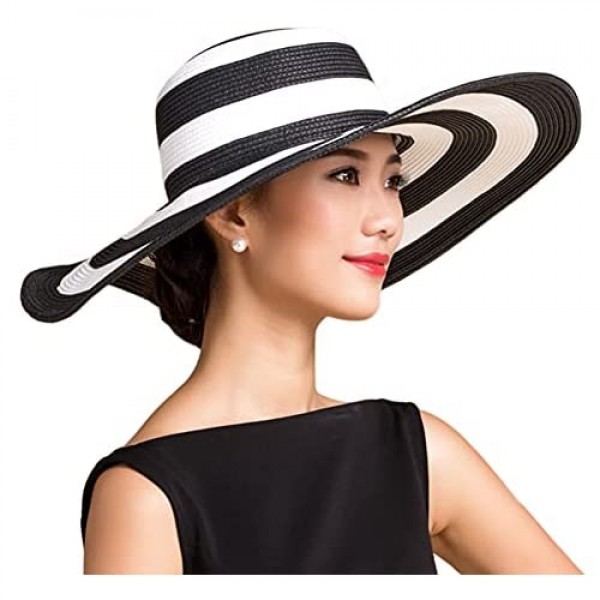 Itopfox Women's Beachwear Sun Hat Striped Straw Hat Floppy Big Brim Hat