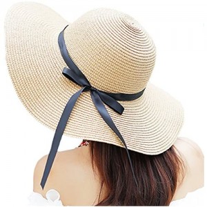 Itopfox Women's Big Brim Sun Hat Floppy Foldable Bowknot Straw Hat Summer Beach Hat