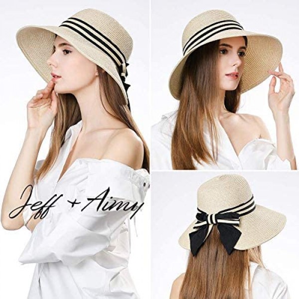 Jeff & Aimy Foldable Straw Summer Sun Hat for Women SPF 50 Wide Brim Stylish Panama Fedora Cruise Travel Beach Hat