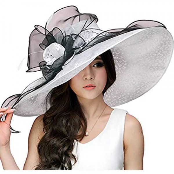 June's Young Women Hats Summer Big Hat Wide Brim Top Flower White Black