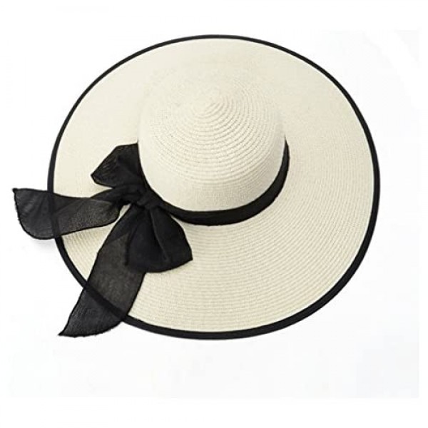 Lanzom Womens Big Bowknot Straw Hat Large Foldable Roll up Sun Hat Beach Cap UPF 50+