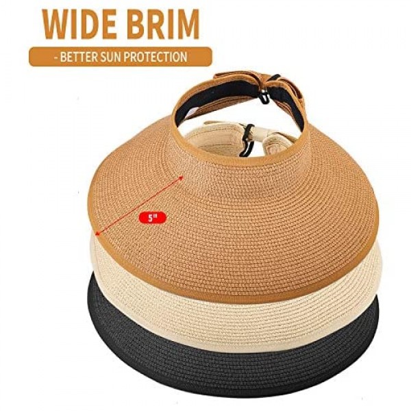 MEINICY 3PCS Foldable Straw Sun Visor Hats for Women Wide Brim Ponytail Summer Beach Hat Protect Your Skin Easily (Nature+Black+Beige 3PCS)