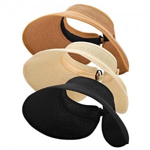 MEINICY 3PCS Foldable Straw Sun Visor Hats for Women  Wide Brim Ponytail Summer Beach Hat  Protect Your Skin Easily (Nature+Black+Beige 3PCS)