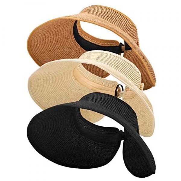 MEINICY 3PCS Foldable Straw Sun Visor Hats for Women Wide Brim Ponytail Summer Beach Hat Protect Your Skin Easily (Nature+Black+Beige 3PCS)