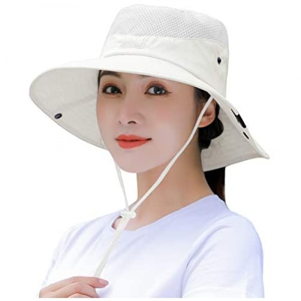 Mukeyo Womens Ponytail Sun Hat Summer Wide Brim Outdoor UV Protection Mesh Bucket Cap for Beach Fishing Gardening